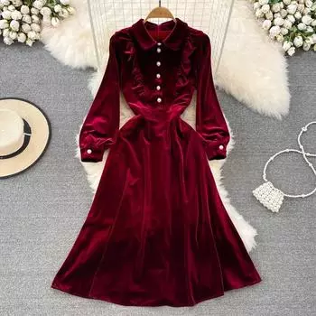 Высококачественное женское темпераментное золотое бархатное платье трапециевидной формы с отворотами и пузырьками с длинными рукавами и талией