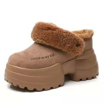 Высококачественные 10 см спилковые туфли из вулканизированной кожи на платформе и танкетке, весенние туфли, ботильоны, женские туфли-лодочки, зимние плюшевые теплые тапочки, осень 34 чёрный