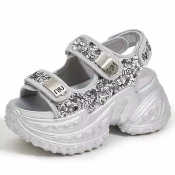 Высококачественные 8 см сетчатые синтетические кроссовки из натуральной кожи с блестками, массивные, летние женские кроссовки на вулканизированной платформе и танкетке 2024 года 34 чёрный