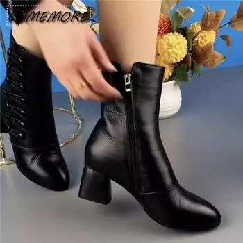 Высококачественные элегантные ботинки и ботильоны для женщин, кожаные зимние ботинки, удобные женские туфли с круглым носком, модные на среднем каблуке 35 чёрный