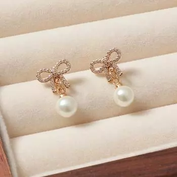 Высококачественные элегантные и универсальные серьги-гвоздики с цирконием в виде банта и жемчуга для женщин