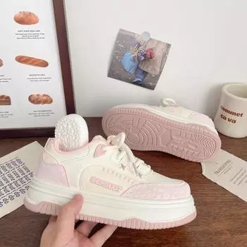 Высококачественные белые туфли на толстой подошве для женщин, весна 2025, новые шикарные нишевые туфли в корейском стиле с низким верхом, дышащие студенческие туфли для сноуборда 35 розовый