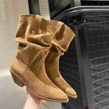 Высококачественные ботильоны из искусственной замши, женские зимние модные заостренные носки на квадратном каблуке, дизайнерские ботинки челси, обувь Zapatos De Mujer 35