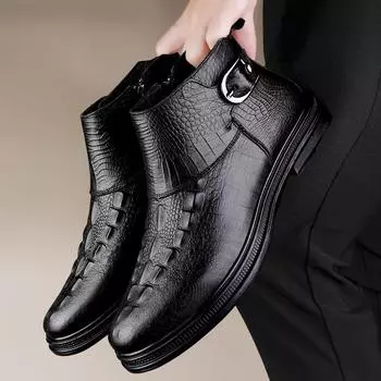Высококачественные ботинки челси из натуральной кожи, новые мужские зимние теплые плюшевые мужские туфли, ботильоны с текстурой крокодиловой кожи, офисные деловые ботинки 37 чёрный