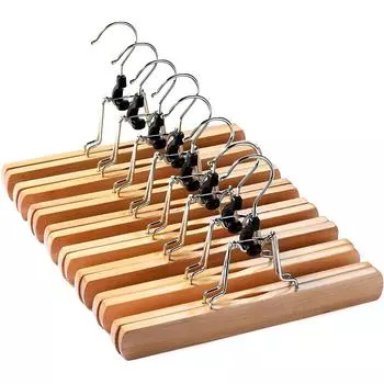 Высококачественные деревянные вешалки для брюк с зажимами Упаковка из 10 нескользящих вешалок для юбок, гладкая отделка, вешалка для джинсов из цельного дерева/провисающая вешалка с поворотным крючком на 360°