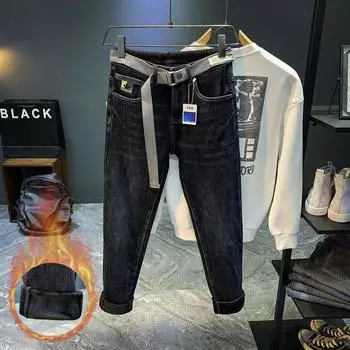 Высококачественные доступные роскошные мужские джинсы зимние с флисовой подкладкой утепленные вышитые брюки однослойные облегающие с флисовой подкладкой зауженные мужские 28 синий