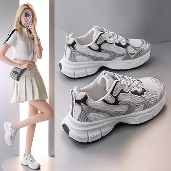 Высококачественные дышащие сетчатые туфли Dad Shoes, женские весенние и осенние легкие кроссовки на толстой подошве, универсальные повседневные туфли серебристого цвета 35 белый