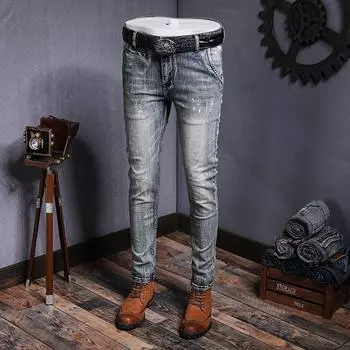 Высококачественные европейские и американские новые джинсы из денима с маленькими мужскими ножками, персонализированные трендовые, выстиранные ретро и потертые джинсы из денима 28