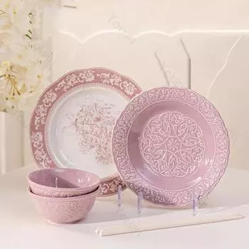 Высококачественные керамические тарелки во французском стиле, модные рельефные фиолетовые обеденные тарелки, бытовые суповые миски, миска для лапши рамен, посуда, столовые приборы