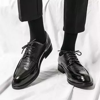 Высококачественные кожаные туфли с крокодиловым узором, мужские туфли на шнуровке, с острым носком, на толстой подошве, повседневные туфли, свадебные туфли, мокасины 38 чёрный