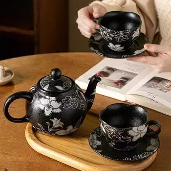Высококачественные креативные черные керамические кофейные чашки для дома, изысканные цветы, нестандартная кофейная чашка, уникальный чайник для послеобеденного чая, праздничные подарки