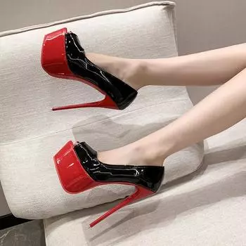 Высококачественные лакированные красные туфли на высоком каблуке 2024 года, летние новые женские босоножки на платформе, сексуальные туфли для стриптиза на шпильке 35 чёрный