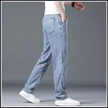 Высококачественные летние шелковые мягкие джинсы, мужские летние тонкие прямые свободные легкие деловые светлые повседневные длинные брюки 32