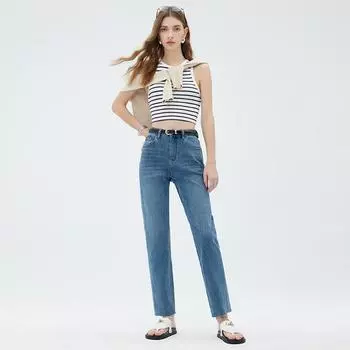 Высококачественные маленькие прямые джинсы для женщин, утягивающие эластичные брюки с высокой талией и девятью точками. 25 синий