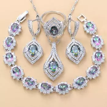 Высококачественные модные аксессуары 925 пробы из серебра 9 цветов, наборы украшений, женский браслет, серьги и ожерелье с мистическим радугой и цирконием 7