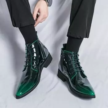 Высококачественные модные удобные туфли на шнуровке с высоким берцем и острым носком из лакированной кожи для мужчин, глянцевые модные короткие сапоги 38 чёрный