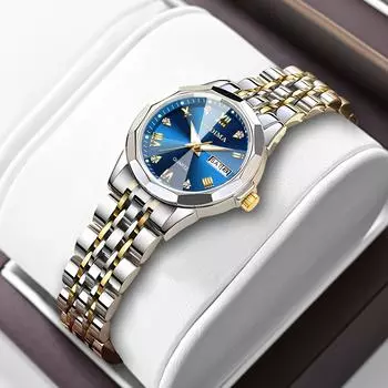 Высококачественные модные женские часы с двойным календарем, инкрустированные бриллиантами, водонепроницаемые, 30 м, светящиеся, полностью из нержавеющей стали, с застежкой-бабочкой синий