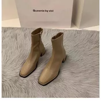 Высококачественные мягкие женские ботильоны из искусственной кожи с квадратным носком и квадратным каблуком, короткие ботинки 2024 года, женская обувь осень-зима, ботинки челси 35 бежевый