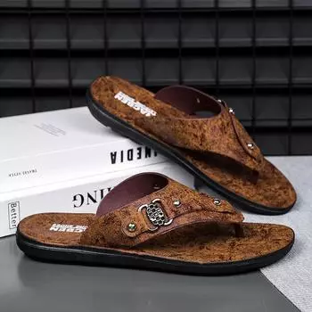 Высококачественные мужские 2024Новые повседневные кожаные сандалии для отдыха на открытом воздухе, противоскользящая пляжная обувь, мужская трендовая летняя одежда, тапочки, модные шлепанцы 39 коричневый