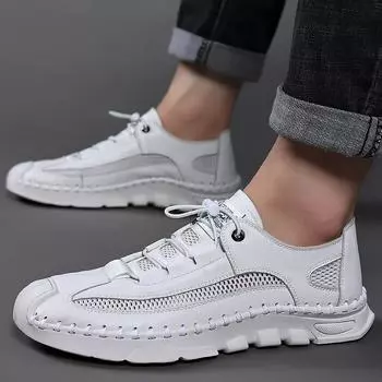 Высококачественные мужские кожаные сандалии с сетчатым узором для улицы 2024 года, новые летние удобные модные дышащие туфли для ходьбы в римском стиле 38 белый