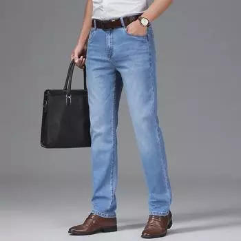 Высококачественные мужские облегающие джинсы из бамбукового волокна: Стираные, слегка эластичные, удобные брюки 36 (29 inches) 180 lbs светло-синий