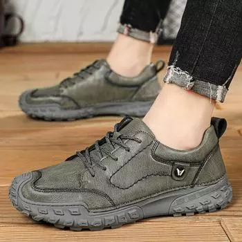 Высококачественные мужские повседневные кожаные кроссовки на плоской подошве с противоскользящей подошвой для ходьбы 39 хаки