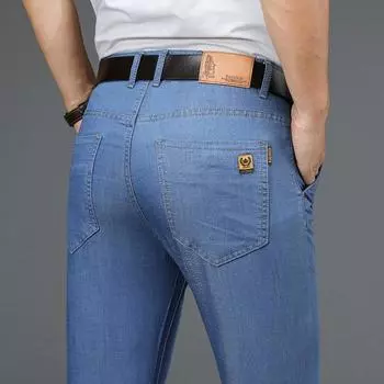 Высококачественные мужские тонкие джинсы из тенселя, классические модные деловые повседневные свободные прямые джинсовые брюки, мужские эластичные брендовые брюки 28 светло-синий