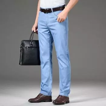 Высококачественные мужские тонкие джинсы из тенселя, классические модные деловые повседневные свободные прямые джинсовые брюки, мужские эластичные брендовые брюки 28 светло-синий