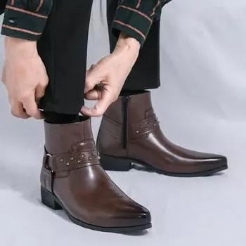 Высококачественные мужские высокие монгольские заклепки удобные рыцарские сапоги осень новые мужские застежки-молнии сбоку модные короткие сапоги с острым носком 38 чёрный