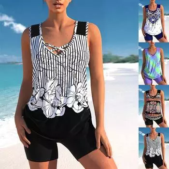 Высококачественные новые летние женские топы и боксеры из двух частей с принтом белых роз на груди, сексуальный праздничный пляжный комплект S-6XL 3XL