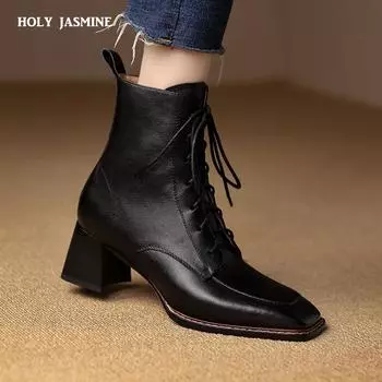 Высококачественные новые женские ботильоны 2024 года, осень-зима, натуральная кожа, толстые каблуки, квадратный носок, шнуровка, женская повседневная обувь 34 чёрный