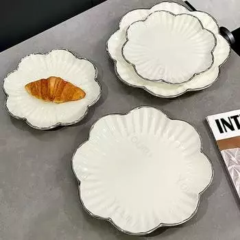 Высококачественные однотонные керамические тарелки, легкая роскошная серебряная кромка, изысканная обеденная тарелка, бытовая вкусная посуда, тарелка, столовая посуда