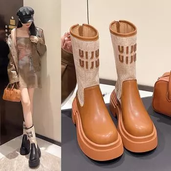 Высококачественные осенние ботильоны Женские зимние вязаные ботинки средней длины Весенние ботинки на платформе и каблуке с круглым носком 35 чёрный