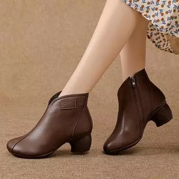 Высококачественные осенние женские ботильоны из натуральной кожи на толстом каблуке, женская повседневная зимняя обувь на молнии ручной работы, женские короткие ботинки 35 чёрный