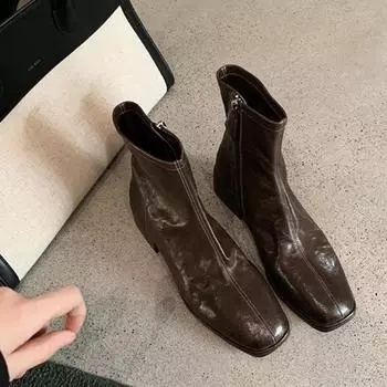 Высококачественные плиссированные кожаные ботинки женские квадратные носки на каблуках средней высоты зимние ботинки фирменный стиль моющаяся кожа Ankel Botas Mujer 35 чёрный