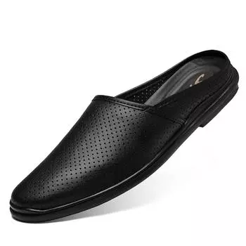 Высококачественные полутапочки для мужчин, повседневные полые дышащие летние тапочки, мужская обувь из натуральной кожи, шлепанцы, мокасины 37