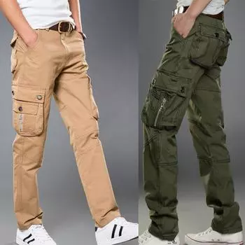 Высококачественные повседневные брюки для мужчин, свободные брюки-карго с несколькими карманами, модные черные брюки для работы 28 хаки