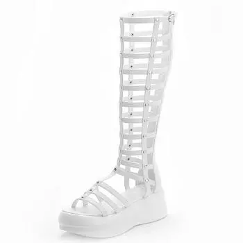 Высококачественные римские сандалии 2024 года, женская обувь на платформе, летние сапоги до середины голени, женские босоножки на платформе с каблуком 6 см, толстый каблук, застежка-молния 34 белый