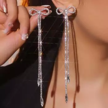 Высококачественные роскошные длинные серьги-кисточки, модные блестящие серьги-бантики со стразами, женские серьги, 1 пара