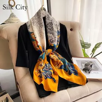 Высококачественные роскошные шелковые шарфы, повязка на голову, шарфы, шейный шарф для женщин, шелковый шарф с цепочкой, женская декоративная шаль 110-100cm