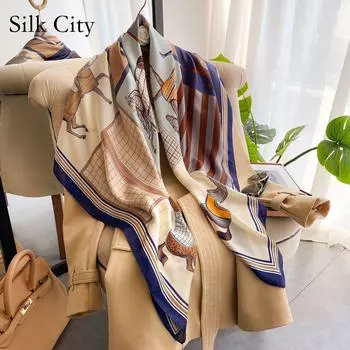 Высококачественные роскошные шелковые шарфы, повязка на голову, шарфы, шейный шарф для женщин, шелковый шарф с цепочкой, женская декоративная шаль 110-110cm