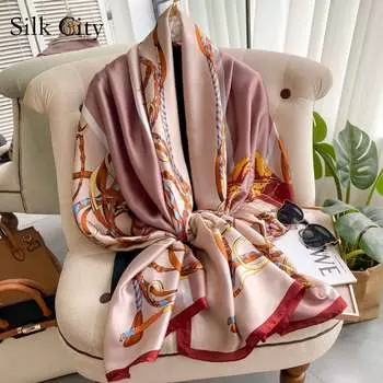 Высококачественные роскошные шелковые шарфы, повязка на голову, шарфы, шейный шарф для женщин, шелковый шарф с цепочкой, женская декоративная шаль 180-90cm