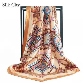 Высококачественные роскошные шелковые шарфы, повязка на голову, шарфы, шейный шарф для женщин, шелковый шарф с цепочкой, женская декоративная шаль 90*90cm синий