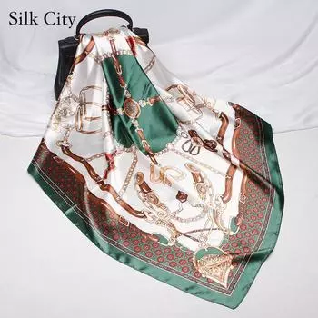 Высококачественные роскошные шелковые шарфы, повязка на голову, шарфы, шейный шарф для женщин, шелковый шарф с цепочкой, женская декоративная шаль 90*90cm