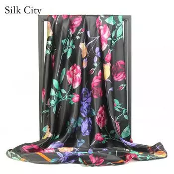 Высококачественные роскошные шелковые шарфы, повязка на голову, шарфы, шейный шарф для женщин, шелковый шарф с цепочкой, женская декоративная шаль 90*90cm чёрный