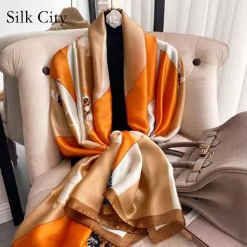 Высококачественные роскошные шелковые шарфы, повязка на голову, шарфы, шейный шарф для женщин, шелковый шарф с цепочкой, женская декоративная шаль 180-90cm