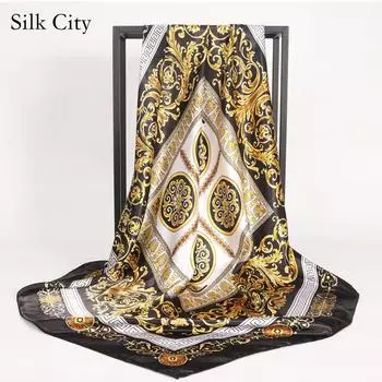 Высококачественные роскошные шелковые шарфы, повязка на голову, шарфы, шейный шарф для женщин, шелковый шарф с цепочкой, женская декоративная шаль 90*90cm