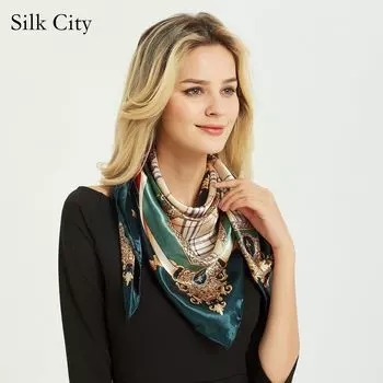 Высококачественные роскошные шелковые шарфы, повязка на голову, шарфы, шейный шарф для женщин, шелковый шарф с цепочкой, женская декоративная шаль 90*90cm