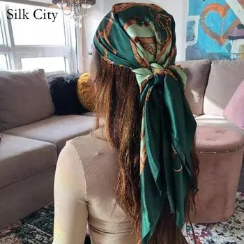 Высококачественные роскошные шелковые шарфы, повязка на голову, шарфы, шейный шарф для женщин, шелковый шарф с цепочкой, женская декоративная шаль 90*90cm зелёный