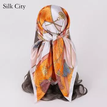 Высококачественные роскошные шелковые шарфы, повязка на голову, шарфы, шейный шарф для женщин, шелковый шарф с цепочкой, женская декоративная шаль 90*90cm